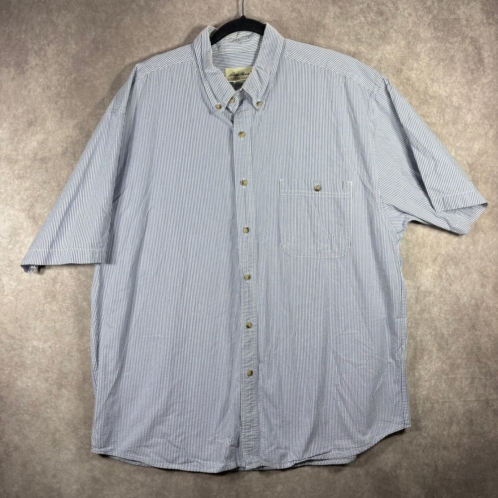 Eddie Bauer Shirt Men XXL Blue Seersucker Button Down Short Sleeve Stripe Casual